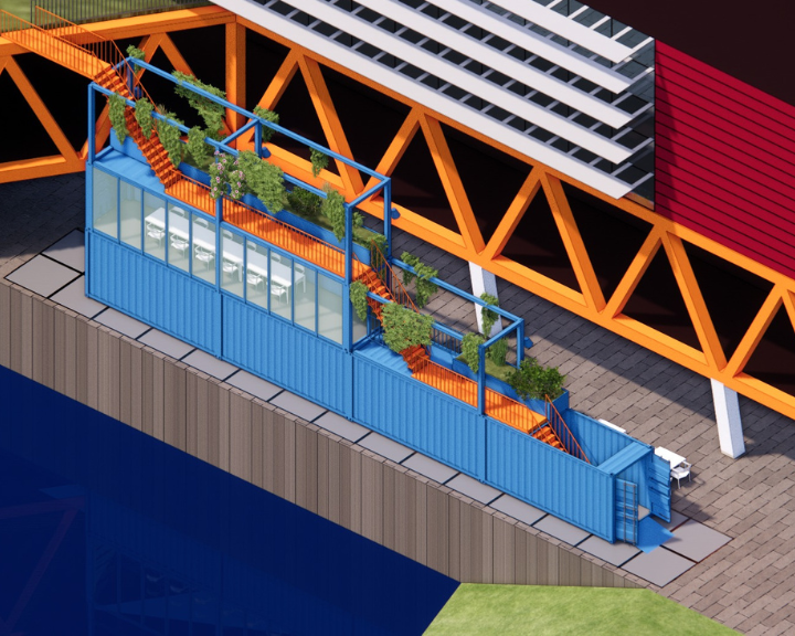 Escaleras de contenedores para revitalizar un muelle en construcción en Rotterdam